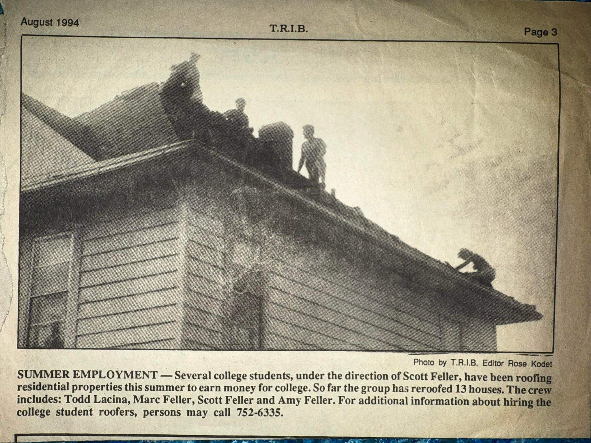Scott Feller as a young roofer in Iowa, summer 1993, at the start of his roofing career